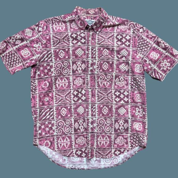 Gulf Traders Vintage 80s Pink White Abstract Button Front Shirt Mens Size Medium - Picture 1 of 8